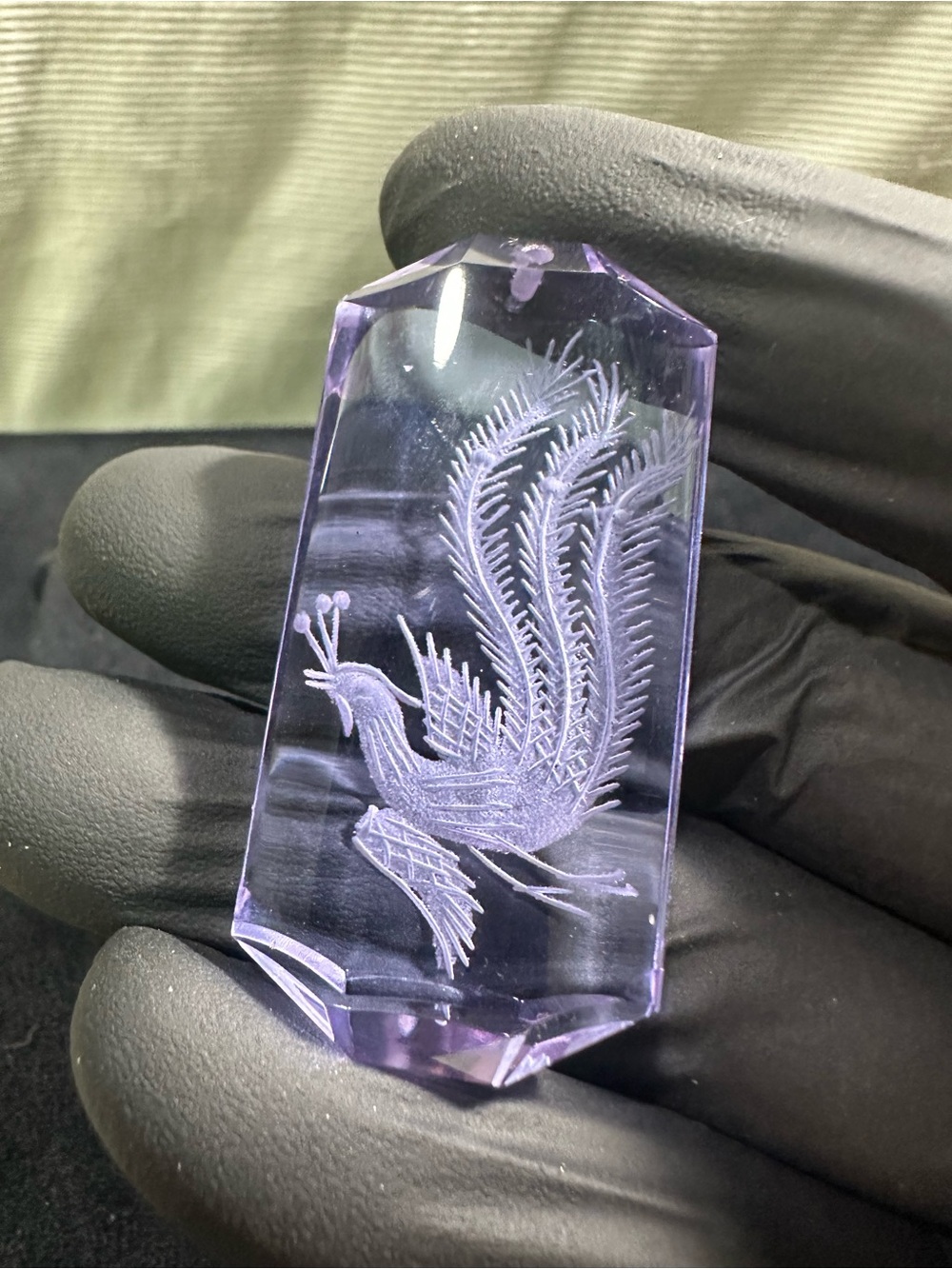 Vtg: ‘Blessed Phoenix’ Amethyst Glass Pendant
